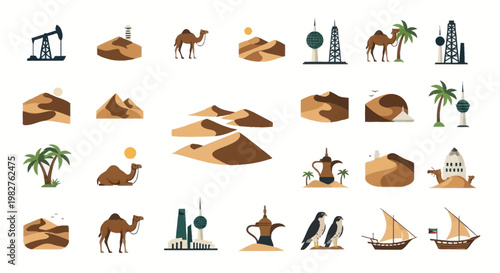 Middle Eastern Icons: Camels, Deserts, Oil Rigs, Skyscrapers, Dhows, Dallah, and Falcon Symbols