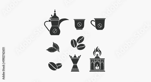 Arabic Coffee Icons: Dallah, Cups, Beans, Incense Burner, Coffee Pot