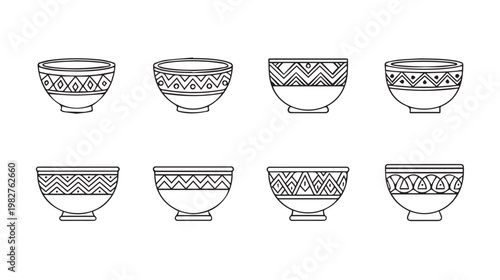 Set of Ethnic Pattern Bowls Outline Vector Illustration