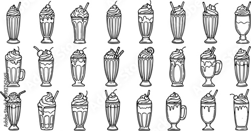 Black and White Line Art Illustration Set of Hand-Drawn Milkshakes with Whipped Cream and Cherries - Food and Drink Industry Vector Collection