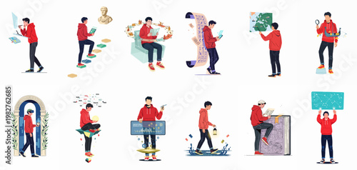 Young Man Exploring History and Science Through Modern Technology and Digital Tools in a Series of Educational and Concept Illustrations