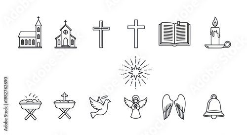 Christianity Icons Set: Church, Cross, Bible, Candle, Nativity, Dove, Angel, Bell