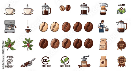 Coffee Icons Set: Beans, Brewing Methods, Machines, and Aroma