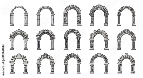Collection of Vintage Stone Archways and Entryways, Architectural Ornate Designs