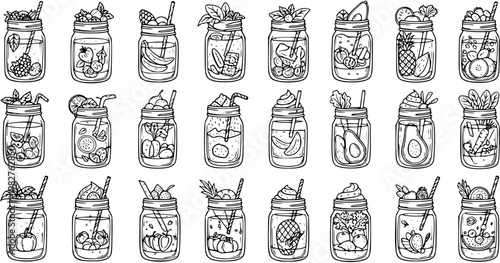 Hand-drawn Line Art Collection of Fresh Mason Jar Smoothies and Juices with Fruits and Vegetables