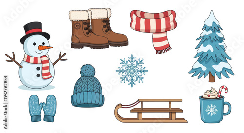 Winter Snowman, Scarf, Hat, Boots, Sled, Tree & Hot Drink Set