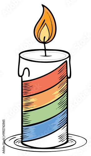 Cartoon-style birthday candle with rainbow stripes and a burning flame, isolated.