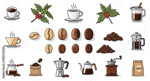 Coffee Icons Set: Beans, Cups, Grinders, Brewers, and Plants