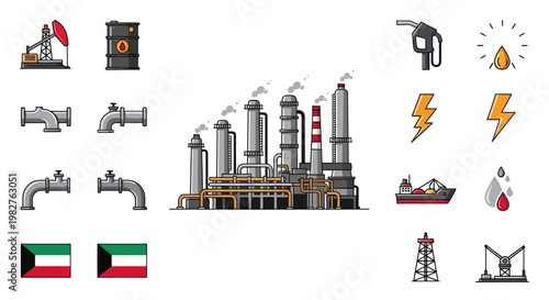 Oil Industry Icons: Refinery, Pumpjack, Barrel, Gas Nozzle, Pipes, Kuwait Flag