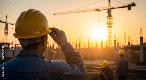 Construction workers wearing helmets and working together at a busy building site with cranes and engineers supervising the project
