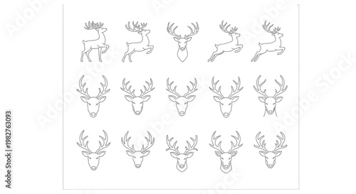 Set of Deer Icons: Antlered Heads and Running Silhouettes, Minimalist Line Art