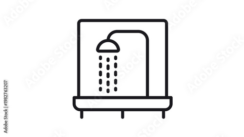 Minimalist black line vector icon of a shower stall with a shower head and water droplets falling into a tray, ideal for bathroom hygiene, plumbing services, and home renovation graphics.