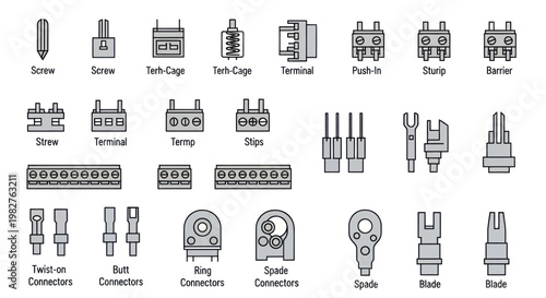 Electrical Connector Icons: Screw, Terminal, Push-in, Spade, Blade, Wire