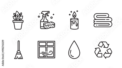 Set of home care and cleaning icons: plant spray bottle candle towels broom window water drop recycle symbol