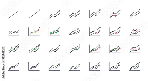 Financial Growth Charts: Upward Trend Icons & Stock Market Analysis Symbols