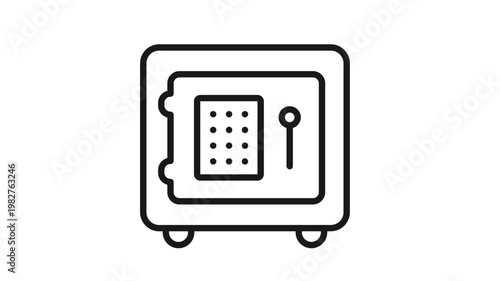 Secure metal safe box vector icon with digital keypad and handle for banking and finance, minimalist black line illustration of a vault for protection of valuables and money storage.