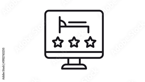 Online hotel booking and rating vector icon illustration. Computer monitor displaying a bed symbol and three stars, representing accommodation search, reservation, and quality reviews. Black line.