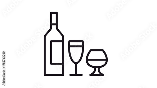 Minimalist wine bottle and glasses vector icon illustration. Black line art symbol featuring a classic wine bottle, a wine glass, and a brandy snifter for bar, restaurant, or winery design.