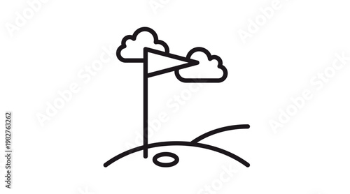 Minimalist golf course hole vector icon illustration featuring a flagstick on a green with a hole and clouds. Black line art symbol for sports, leisure, and outdoor recreation. Scalable graphic.