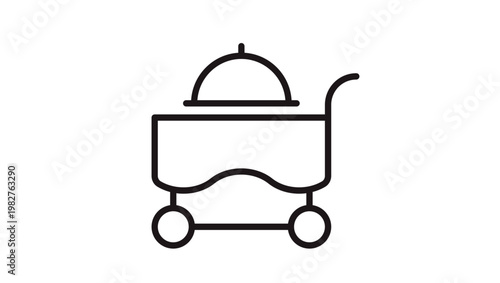 Minimalist black line vector icon of a food service cart or room service trolley with a cloche cover, ideal for restaurant, catering, hotel, and hospitality industry graphic design.
