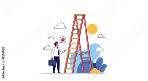 Businessman standing at base of very tall ladder looking up at target board symbolizing high career goals and challenges.