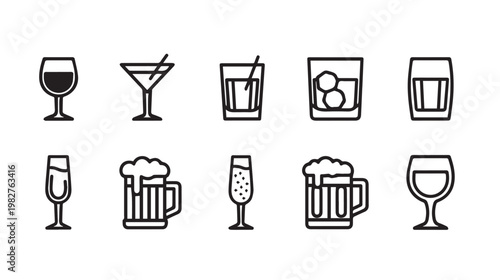 Set of Icons Representing Various Alcoholic Beverages Minimalist Line Art