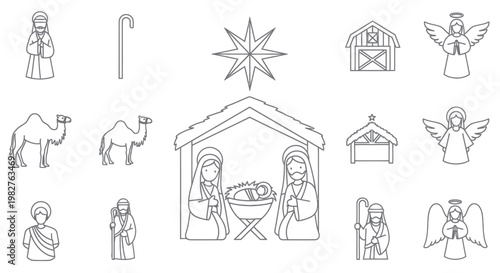 Christmas Nativity Scene Icons: Mary, Joseph, Baby Jesus, Stable, Angels, Camels, Star