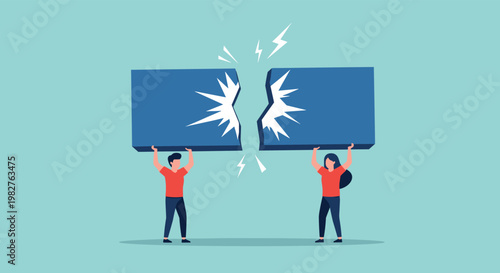 Two characters holding pieces of broken blue block with electrical sparks representing teamwork failure or technical issues.