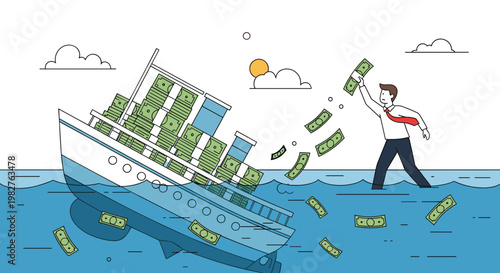 Businessman throwing money into sea next to sinking ship filled with cash representing financial loss and failing investment.