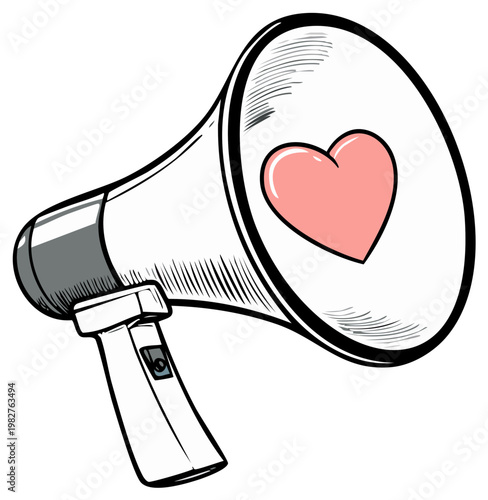 Handheld Megaphone Emitting a Heart Shape with Sketchy Lines and Outline
