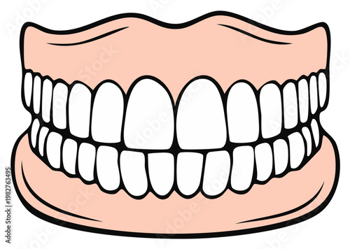 Cartoon drawing of upper and lower dentures, dental health concept