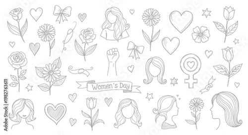 International Women's Day Doodle Collection: Empowerment, Flowers, Hearts, and Female Icons