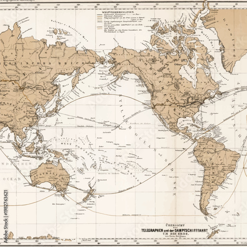 Vintage World Map with Telegraph and Shipping Routes