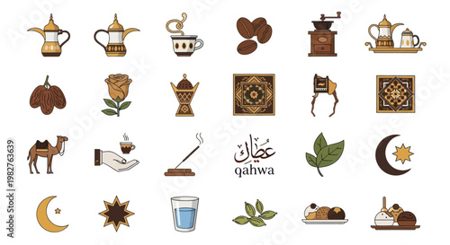 Arabic Coffee & Dates Icon Set: Dallah, Gafal, Dates, Camel, Crescent Moon