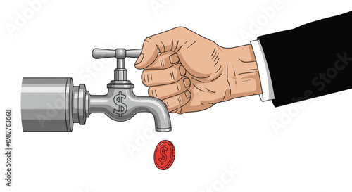 Businessman hand turning a metal faucet with a dollar sign to release a single red coin representing financial flow and money control.