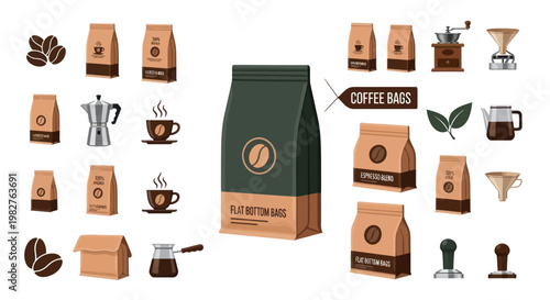Coffee Packaging Collection: Bags, Beans, Grinder, Moka Pot, Cup, Filter