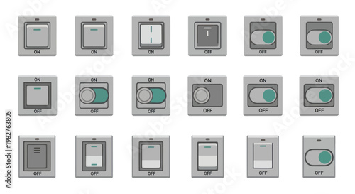 Collection of electrical light switches, on and off positions, toggle and slider types