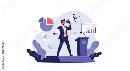 Public speaker standing on a podium with a megaphone and flying documents against a background of statistical charts and data graphs.