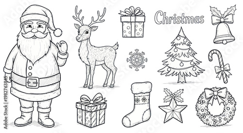 Christmas Elements Collection: Santa, Reindeer, Tree, Gifts, Wreath, Bell, Candy Cane, Stocking, Star, Snowflake