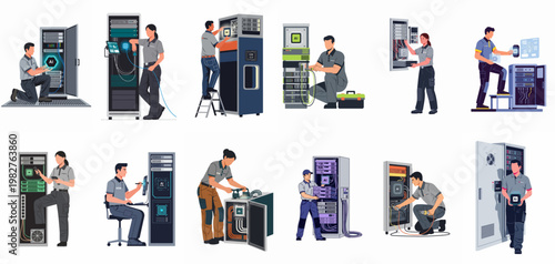 Vector illustrations of data center technicians maintaining server racks, installing AI hardware, and managing network infrastructure in a modern technology environment.