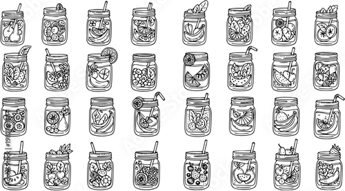Healthy Food  Drink Black and White Line Art Mason Jar Smoothies and Fruit Infused Water Collection. Hand Drawn Detox Beverages for Nutrition  Wellness