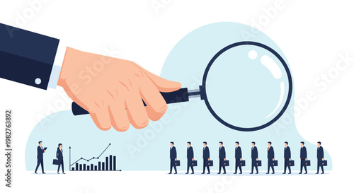 Large hand holding a magnifying glass over a row of identical businessmen to select the right candidate for a new job position vacancy.