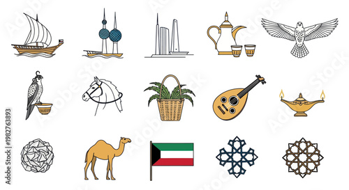 Kuwait Icons: Dhow Boat, Falcon, Camel, Flag, Landmarks, Tea Set, Oud