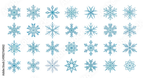 Collection of Blue Snowflakes Icons, Winter Elements, Isolated on White Background