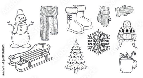 Winter Holiday Icons: Snowman, Sleigh, Boots, Hat, Mittens, Snowflake, Tree, Hot Drink