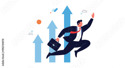 Entrepreneur jumping forward with a briefcase against a backdrop of three rising blue arrows symbolizing professional momentum and aim.