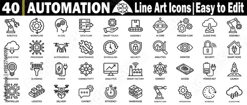 Automation line art icons for technology, robotics, artificial intelligence, and future innovation concepts, designs, and vector illustration.