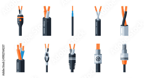Various Electrical Cables and Wires Set - Vector Flat Illustration