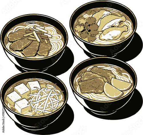 Four bowls of asian noodle soup variety, savory broth with meat, tofu, vegetables, simple flat illustration style