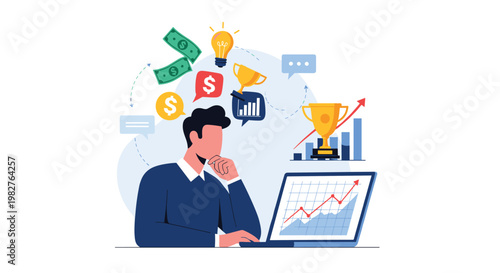 Creative professional working at laptop with icons of money lightbulbs and trophies appearing above for successful ideas.